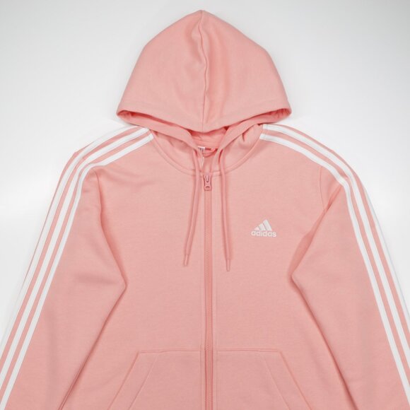 Adidas Women's Pocket Essentials 3 Stripes Full Zip Fleece Hoodie Pink Size L - Picture 2 of 10